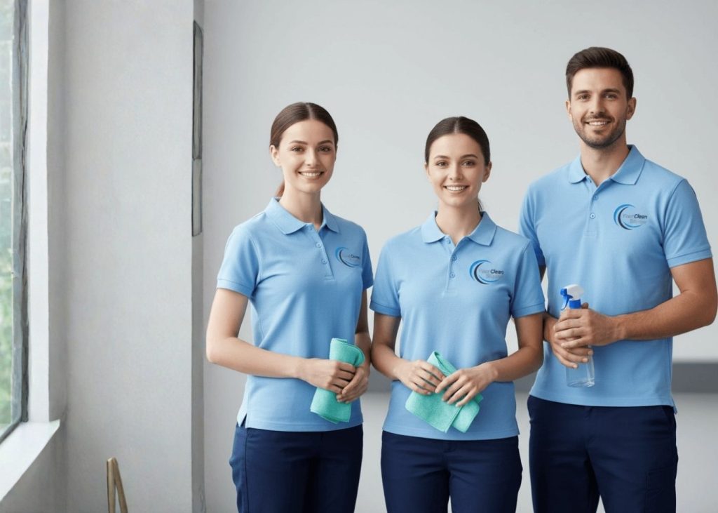 Drei Reinigungskräfte in blauen Poloshirts mit Reinigungsutensilien in der Hand.